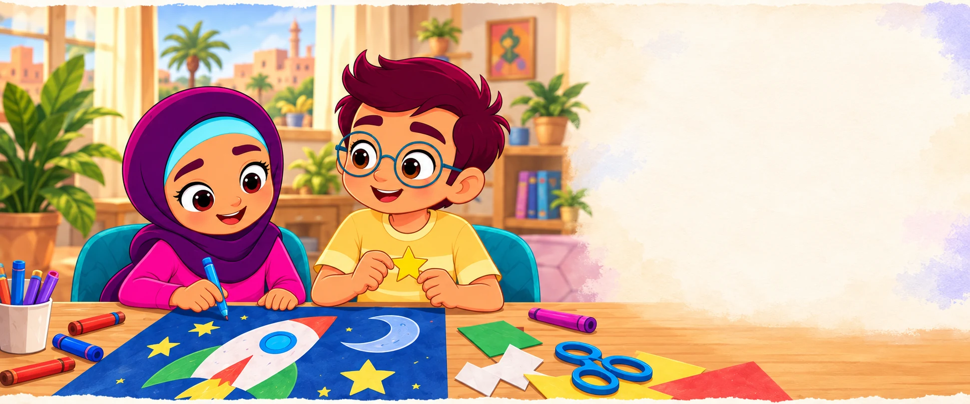 أميرة ومجتهد يصنعان لوحة الصاروخ والقمر